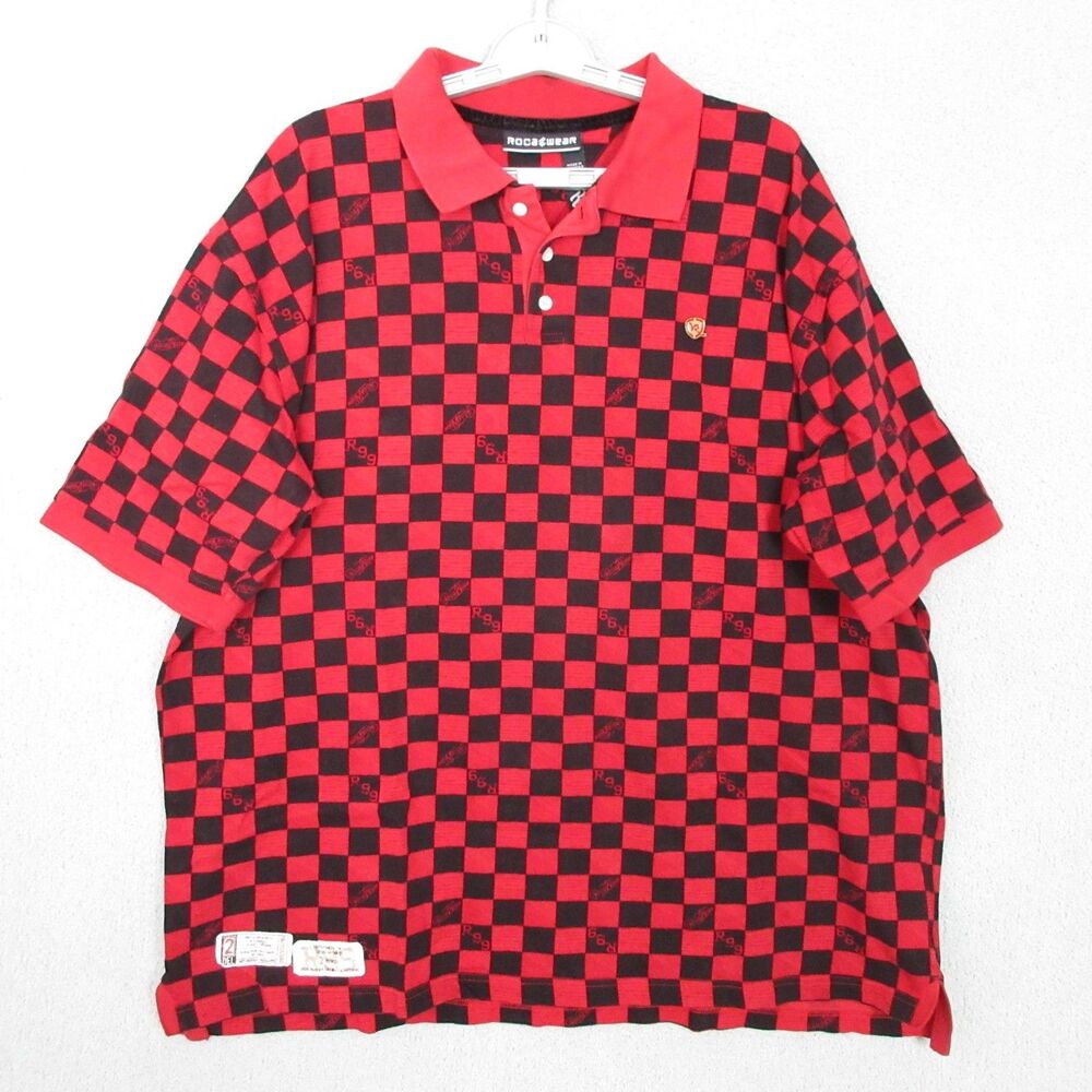 Rocawear Polo Shirt Mens 2XL Red Black Checkerboard Short Sleeve Embroidered